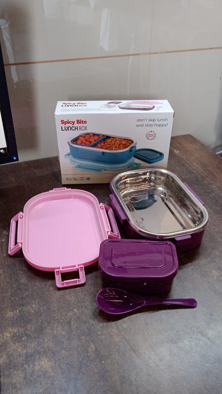 3 in 1 Spicy Bite Stainless Steel Lunch Box With Plastic Small Box & Spoon (1 Set) 3 in 1 Spicy Bite Stainless Steel Lunch Box With Plastic Small Box & Spoon (1 Set)